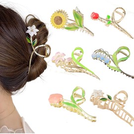 6Pcs Flower Metal Hair Claw Clips, Large Tulip Non-Slip Barrettes Strong Hold Hair Clamps Flower Claw Clips for Thick Hair, Elegant Flower Hair Clips Cute Hair Accessories for Women Girls