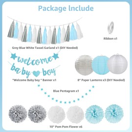 Baby Shower Decorations for Boy, Welcome Baby Boy Banner,Blue White and Grey Tissue Pom Poms,Paper Lanterns& Tassel Garland Blue and Grey This is boyBaby Shower Decorat for Boy ﻿