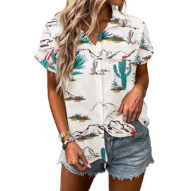 Western Shirt for Women Cowgirl Shirts Boho Graphic Button Down Country Concert Outfits Retro Cowboy Clothes Tops Beige