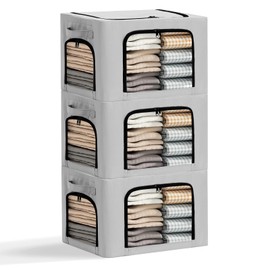 Graciadeco 3-Pack Clothes Organizer Bins with Metal Frame, Foldable 40L Linen Storage Boxes with Lids, Clear Windows, Zippers & Durable Handles (Light Gray)