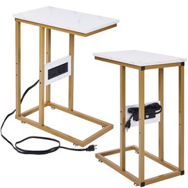 VECELO C Shaped End Side Table with Charging Station & Power Outlets for Couch Sofa/Bed, Snack TV Tray with Metal Frame for Living Room Bedroom 2 Set, Gold