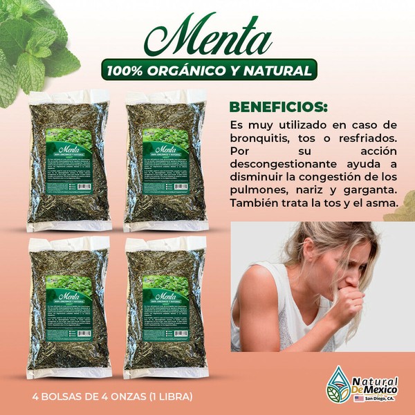 Natural de Mexico USA Menta Mint Tea Ayuda con el tratamiento de la bronquitis 1 Lb (4 de 4 oz) -453g.