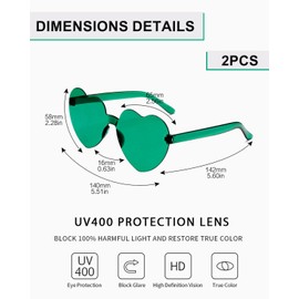 QLEUIFT 2 Pcs Heart Shaped Sunglasses Rimless Heart Shaped Fashion Heart Oversized Fashion Sunglasses Glasses for Women Photo Props Beach Holiday Party Props, Green