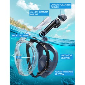 Full Face Snorkel Mask, Snorkeling Gear for Adults Diving Mask Anti Fog Premium Innovative Safety Dry Top System, 180 Panoramic Foldable Anti Leak Swimming Mask with Detachable Camera Mount