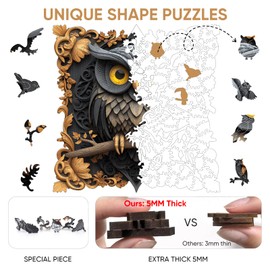 delobil Wooden Puzzles for Adults 500 Pieces, 3D Owl Wooden Puzzles, Unique Shaped Bird Jigsaw Puzzles, Birthday Creative Gifts Fun Challenging Family Puzzle Games, 16.9x16.9 Inch
