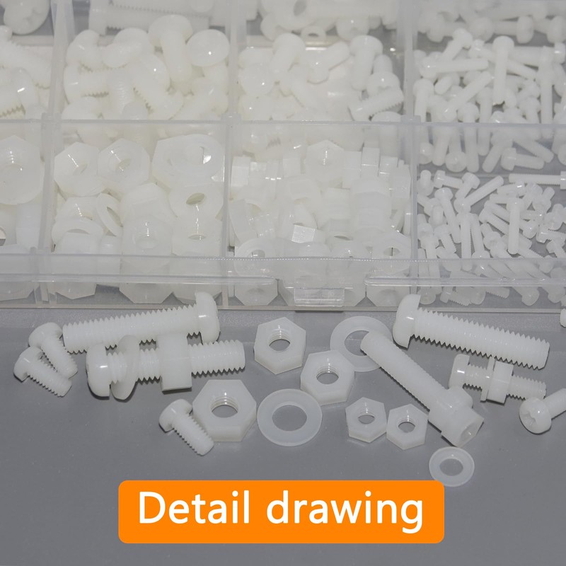 500 Pcs White Nylon Plastic Pan Round Head Screws Bolts
