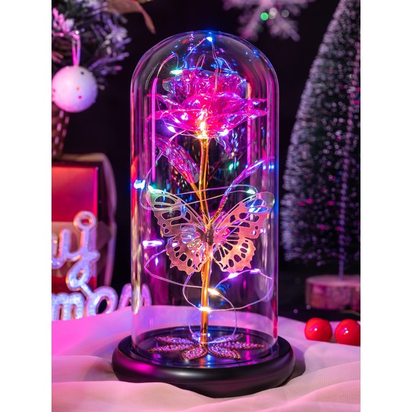 Valentines Day Gifts for Her, Galaxy Glass Rose Flower Forever Eternal Crystal Light Up Rose in Glass Dome with Butterfly Birthday Gifts for Women Mom Wife Girlfriend Grandma Pink