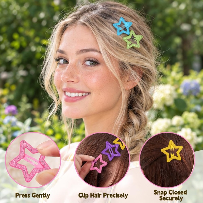 Y2K Star Hair Clips,70 Pcs 1.29 Inch Glitter Snap Barrettes