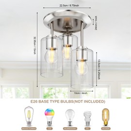 3-Light Semi Flush Mount Ceiling Light, Close to Ceiling Light Fixture with Clear Glass Shades, Modern Hallway Lighting Fixtures for Bedroom, Kitchen, Foyer Entryway with E26 Socket(Bulb Not Included)