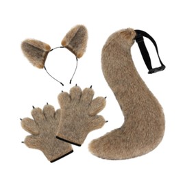 F Fityle Wolf Ears and Tail Set Fancy Dress Paw Gloves for Prom Carnival Holiday Birthday, Light Brown