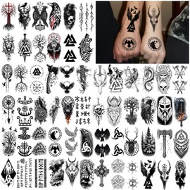 77 Sheets Temporary Tattoos for Adults and Kids - 2 Sizes Fake Tattoo Realistic Viking Norse Eagle Black Tattoo Sleeve Stickers for Men and Women Boys and Girls