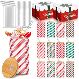 Nosiny 12 Pcs Christmas Glasses Cups with Bamboo Lids and Straws, 16 oz Xmas Drinking Glasses, Gifts Tumbler Cups, Mason Jars for Ice Coffee Cups Beverages Cocktail(Candy Cane Style)