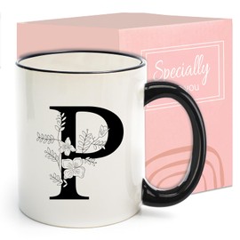 Monogram Ceramic Coffee Mugs, 11 oz Initial Drinking Cup with Gift Box, Unique Birthday Christmas Gifts for Women Wife Mothers Day Grandma Mom Aunt, P