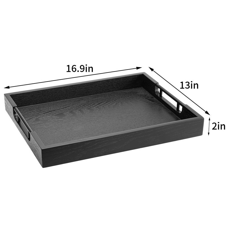 Large Black Solid Wood Serving Tray with Metal Handles, 17