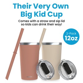 CUPKIN Toddler Tumblers, The Original 12 oz Stackable Stainless Steel Cups, Set of 2 Powder Coated Insulated Kids Water Bottle Alternative + BPA Free Lids + Reusable Silicone Straws (Brown + Peach)