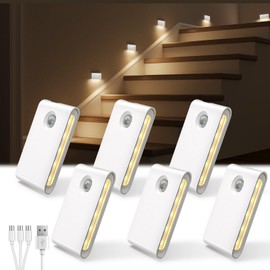 EZVALO - Paquete de 6 luces nocturnas con sensor de movimiento, luces LED sincronizadas para escaleras de interiores, 1500 mAh, recargables, magnéticas y regulables, blanco suave de 3000 K, luz