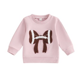 Karuedoo Toddler Baby Girl Football Outfit Football Bow Embroidery Crewneck Pullover Sweatshirt Long Sleeve Shirts Fall Tops (Pink, 12-18 Months)