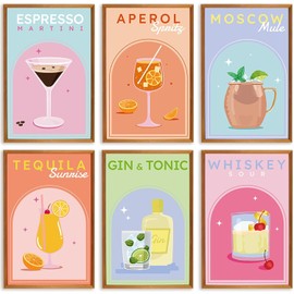 6 Pack Vintage Cocktail Paint by Numbers Kit for Adults Beginners, DIY Acrylic Watercolor Oil Painting by Number On Canvas Without Frame, Retro Drinks Paint by Numbers Kit for Home Wall Decor 8x12inch