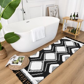 Amearea Bathroom Runner Rug, 2x6 Feet Runner Rug with Tassels for Bathroom, Non-Slip Washable Rug Bath Mat Woven Floor Mat Farmhouse Weave Floor Carpets for Shower Bathtub Decor, Black