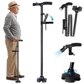 CASAMIEL Bastón Plegable, Bastón para Adulto Mayor de 2 Mangos con Luz LED y 5 Alturas Ajustables, Caminadora con Base Cuádruple Pivotante, Caminadora para Adultos y Mayores, Hombres y Mujeres