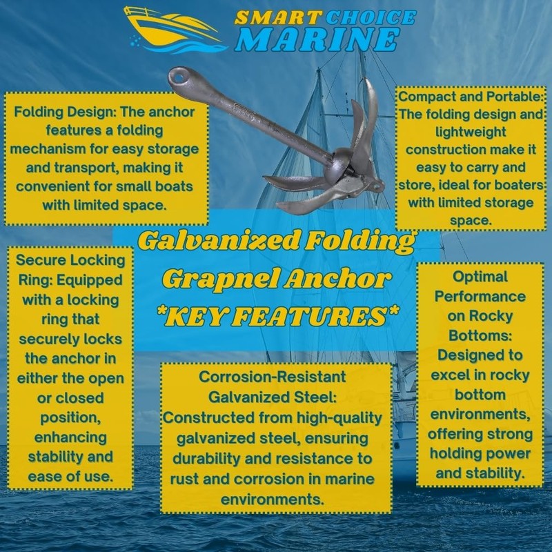 Smart Choice Marine 18 lb Galvanized Folding Grapnel Anchor for