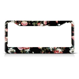 Beabes Vintage Pink Cream Roses License Plate Frame Dark Flower Novelty License Plate Frame Romantic License Plate Car Tag Holder Metal License Plate Frame for US Vehicles Standard