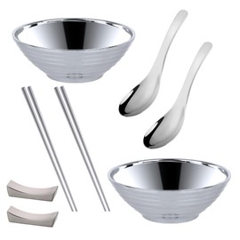 BYEGOU Stainless Steel Ramen Bowl Set, 7.8 Inch Double-Wall Noodle Bowls with Chopsticks Spoons & Chopstick Rests, Modern Soup Dining Bowl for Ramen Pho Salad, Pack of 2, Dishwasher Safe