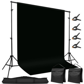 10x7ft Adjustable Photography Backdrop Stand Kit – Photo Studio Background Support with 4 Crossbars, 4 Clamps, 2 Sandbags (with 10 * 7 Feet Black Backdrop Curtain)