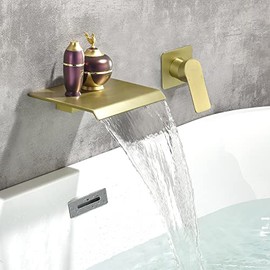 SHAMANDA Wall Mount Bathtub Faucet, Waterfall Roman Tub Filler Faucet Single Handle Bathroom Sink Faucet with Rough-in Valve and Trim Kit, Brushed Gold, LW01-3