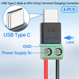 QIANRENON USB C 2Pin Solderless Adapter USB Type C Male to 2Pin Crimp Terminal Charging Connector 5V 1.5A USB C Screw Terminal Solderless Plug, Cannot Data Transfer, for DIY or Repair USB C, 4Pcs