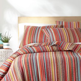 Levtex home - Uluru Quilt Set - Twin Quilt + Two Standard Pillow Shams - Boho Stripe - Orange Teal Red Green Yellow Black White - Quilt (68x86in.) and Pillow Sham (26x20in.) - Cotton