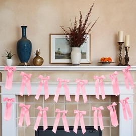 2 Pack Pink Bow Coquette Decor Garland Banner - 16 Prestrung Satin Pink Bows Garland for Bridal Shower Decorations,Bachelorette Party, Birthday Party, Wedding Wall & Holiday Decor Home Aesthetic