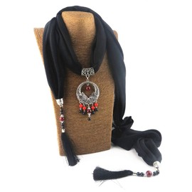 GOGNGTR Women's Scarf Necklace Alloy Pendant Cotton and Linen Accessory Bohemia Tassel Scarves(sc007) (Black)