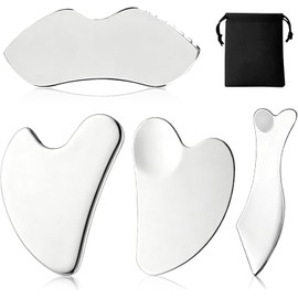 Kit de 4 Gua Sha Facial de Acero Inoxidable Con Bolsa, Para Masaje Facial, Corporal y Cuello, Uso Profesional y Diario