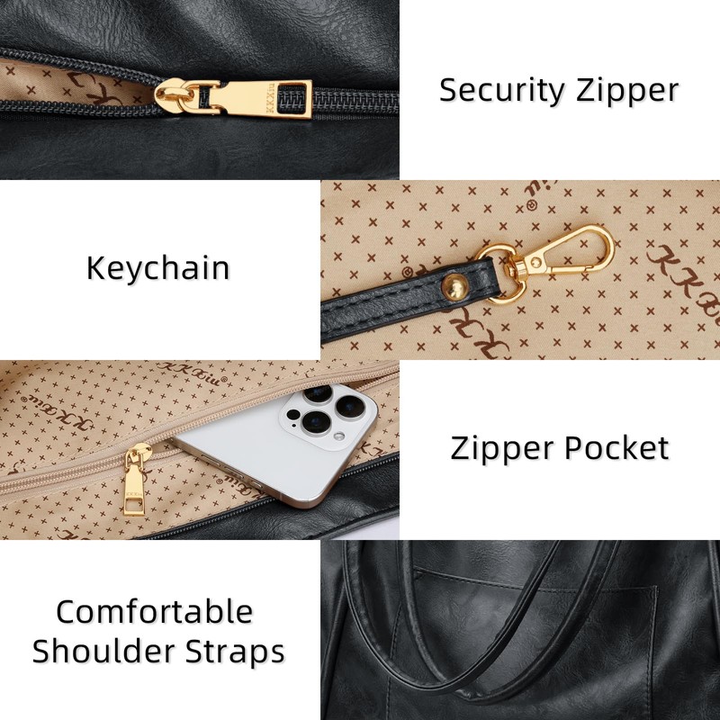 KKXIU Large Tote Bag for Women with Zipper Work Leather