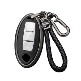 ontto Alloy Leather Key Fob Cover Fit for Nissan Tiida Qashqai J11 J10 Micra Kicks Altima X-Trail Navara Leaf Note Sentra Murano Smart Key Shell case keyring Key holder keychain accessories Black B