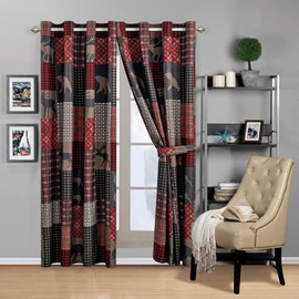 Rugs 4 Less Rustic Log Cabin Lodge Grey Charcoal Deep Red Window Treatment Grommet Curtain Set with Plaid Bear Patchwork Bedspread Coverlet Bedding Set - Plaid Bear Curtains