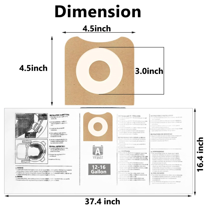 14 Pack 23743 VF3502 Vacuum Bags Compatible with Ridgid 12-16