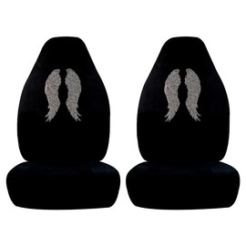 Universal Fit Car SUV Truck Crystal Bling Rhinestone Studded High Back Front Bucket Seat Covers - 2 Pcs Set (Angel Wing-Black) KAE