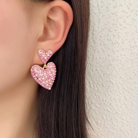 Valentines Day Earrings for Women Teen Girls Rhinestone Pink Heart Earrings Beaded Pearl Heart Dangle Earrings Double Heart Earrings Valentine's Day Gifts for Her