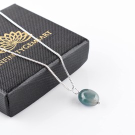 InfinityGemsArt Natural Green Sapphire Stone Polished Tumble Crystal Gemstone Dainty Women Pendant Necklace, Chakra Healing Crystals, September Birthstone, Silver Plated Chain 18 inch