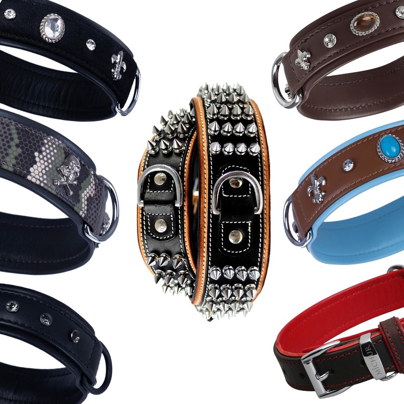 Michur Zorro Leather Dog Collar, Black Leather with Black Rhinestones/Crystals,