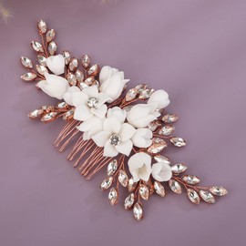 Teyglen Flower Bridal Hair Comb Rhinestone Bridal Hair Accessories Crystal Hair Piece Gold Silver Flower Headpiece for Bride Hair Side Comb for Women Girls (Rose Gold)