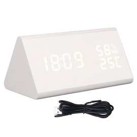 LED Digital Alarm Clock Multipurpose Wooden Clock with Voice Control Humidity Temperature Week Time Display White Wood
