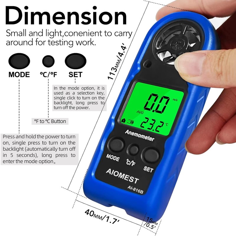 AIOMEST AI-816B Anemometer, Ultra Mini Wind Meter, Digital High Precision