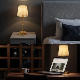 Cordless Table Lamp Set of 2 Rechargeable Vintage Table Lamps for Bedroom - 4000mAh Battery Powered Touch Lamp with Fabric Shade 3000K Warm Ambient Light for Bedroom, Bedside, Living Room(Gold)