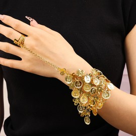 Asphinien Vintage Gemstone Crystal Slave Bracelet with Finger Ring Adjustable Open Cuff Bracelet Sparkling Disc Tassel Harness Bracelet Bohemian Ruby Teardrop Belly Dance Hand Jewelry (Gold)