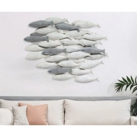 Homeroots 37" Gray And Antiqued White Metal School Of Fish Hanging Dimensional Sculpture