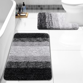 Arotive Bathroom Rugs Sets 2 Piece, Shaggy Soft and Absorbent Microfiber Bath Rugs and U-Shaped Contour Toilet Rug, Non-Slip, Machine Washable Dry Bath Mats for Bathroom (24"x16"+24"x20", Black)