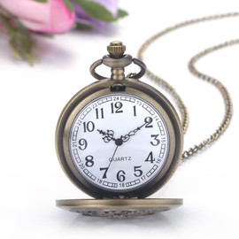 JewelryWe Pocket Watch Men Women Vintage: Retro Analogue Quartz Chain Watch Neck Watch with Necklace Chain Pocket Watch Bronze Unisex Gift, Bronze Cross, Retro, Classic